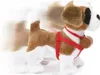 A plush toy dog with a red harness and a barrel attached to its collar, shown from the side. Produktbild-Vorschau