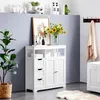 A white bathroom cabinet with drawers and doors, decorated with a plant and flowers. Produktbild-Vorschau