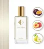 A perfume bottle with accompanying fruit images, presented on a white and gold striped background. Produktbild-Vorschau