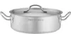 A stainless steel pot with a lid and two handles, shown from the front on a white background. Produktbild-Vorschau