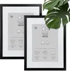 Two black picture frames are shown, one slightly behind the other, with a large green leaf in the upper right corner. The frames have informational inserts with text and diagrams. Produktbild-Vorschau