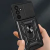 A hand holding a black phone case with a camera cover and a ring holder. Náhľad obrázku produktu