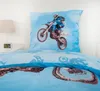 A motocross bedding set with a pillow and duvet cover featuring a motocross rider in mid-air. Produktbild-Vorschau