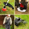 A collage of four images showing different aspects of a petrol-powered string trimmer (EBERTH Motorsense Freischneider Rasentrimmer Multitool 2in1 Benzin, Tragegurt Inklusive, 3PS, 52ccm Hubraum, 2-Takt Motor Luftgekühlt). The images include a close-up of  Produktbild-Vorschau
