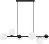 A modern black chandelier with six white globe-shaped lampshades, suspended from a black rectangular ceiling mount by thin black wires. Náhled obrázku produktu