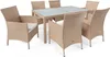 A beige rattan dining set with a glass tabletop and six chairs is shown against a white background. Náhled obrázku produktu