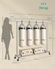 A silhouette of a person standing next to a clothing rack with four punching bags and two suitcases underneath. Dimensions and weight capacities are indicated with text and arrows. Náhled obrázku produktu