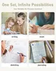 A collage of four images showing different uses of pens and pencils, including writing, exams, sketching, and journaling. Produktbild-Vorschau