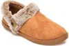 A single brown slipper with faux fur trim and a button detail is shown against a white background. Produktbild-Vorschau
