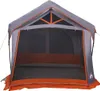 A front view of a gray and orange family tent. Produktbild-Vorschau