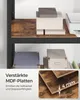A close-up view of a SONGMICS shelving unit, showcasing its industrial design and vintage brown finish. The image highlights the reinforced MDF panels and includes text describing the product's durability. Produktbild-Vorschau