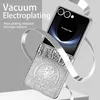 A silver flip phone case with intricate mechanical detailing is shown against a light gray background, with silver ribbons flowing around it. Produktbild-Vorschau