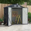 A metal garden shed with its doors open, showing tools and a ladder inside, set in a backyard with a wooden fence and plants. Náhled obrázku produktu
