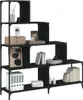 A black, multi-tiered bookshelf filled with books and decorative items, presented against a white background. Náhled obrázku produktu