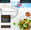 A collage of images showcasing a glass salad bowl with its lid, a close-up of dishwasher tablets, a bowl of almonds, and a salad in a glass bowl. Náhled obrázku produktu