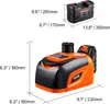 Dimensions of an electric car jack and its storage case are shown with measurements in inches and millimeters. Voir les images du produit