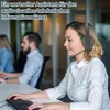 A woman wearing a headset is working at a computer in an office environment, with other people in the background. Produktbild-Vorschau