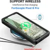 A black phone case is shown on a wireless charger, with text overlay highlighting features. Produktbild-Vorschau