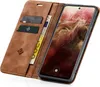 A brown leather flip case for a smartphone, showing the inside with card slots and a phone inserted. Produktbild-Vorschau