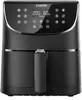 A black COSORI air fryer is shown from the front. Produktbild-Vorschau