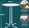 A white round bistro table with a metal base against a teal background, with callouts highlighting dimensions and features. Anteprima dell’immagine prodotto