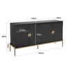 A black sideboard with gold accents and legs, shown with dimensions indicated by measurement lines and text. Produktbild-Vorschau