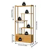 A wooden bookshelf with multiple shelves and a cabinet at the bottom, with weight labels on each shelf. Produktbild-Vorschau