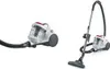 Two views of a white cyclonic vacuum cleaner against a white background. One view shows the main body and hose, and the other shows the full vacuum with its wand and floor head. Anteprima dell’immagine prodotto