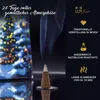 A close-up of an incense cone emitting smoke, with a festive, decorated object in the background and marketing text on the right. Produktbild-Vorschau