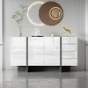 A modern white sideboard with a gray base against a ribbed gray and white striped wall. Anteprima dell’immagine prodotto
