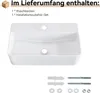 A white ceramic sink with installation hardware shown below, accompanied by text indicating package contents. Anteprima dell’immagine prodotto