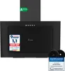 A black KKT KOLBE range hood is shown against a black background. It has an energy efficiency label and a product review sticker on the front. Produktbild-Vorschau