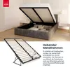 A bed with its storage compartment open, showing the slatted base and gas lift mechanism. A separate image of the slatted base is also shown. Produktbild-Vorschau