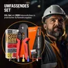 A man in a hard hat looks up and to the right, with a set of electrical tools and accessories displayed in a circular overlay in front of him. Produktbild-Vorschau