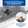 A product part is shown inside a dishwasher and then being rinsed under a faucet. Produktbild-Vorschau