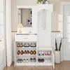 A white entryway organizer with a mirror, coat rack, shoe storage, and bench, set against a neutral background. Podgląd zdjęcia produktu