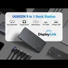 A UGREEN 9-in-1 Dock Station is shown with its features highlighted by text overlays and icons. Cables are also displayed in the foreground. Produktbild-Vorschau