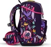 A side view of a purple backpack with a colorful jungle-like pattern and a black panther emblem. Produktbild-Vorschau