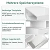 A collage of images showcasing different storage features of a white furniture item, with German text descriptions. Náhľad obrázku produktu