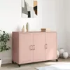 A pink metal sideboard with three doors and wheels, placed in a room with a plant, a painting on the wall, and decorative vases. Náhľad obrázku produktu