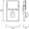Technical drawing of a SYLVANIA LED floodlight with motion sensor, showing front and side views with dimensions. Produktbild-Vorschau