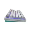 A close-up, side view of a mechanical gaming keyboard with white and gray keycaps and teal accents on a white background. Produktbild-Vorschau