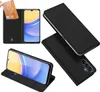 A collage of images showing a black phone case for a Samsung Galaxy A16, with different angles and views, including a credit card inserted into a slot. Podgląd zdjęcia produktu