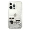 A clear, professional studio shot of an iPhone 13 Pro case with glitter and Karl Lagerfeld figures. Produktbild-Vorschau