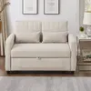 A beige sofa bed is shown in a well-lit room with a rug and curtains. Produktbild-Vorschau