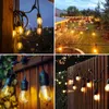 A collage of four images showing outdoor string lights in various settings. Produktbild-Vorschau