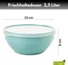 A teal plastic food storage container with a white lid, shown with dimensions indicated by lines and text. Produktbild-Vorschau