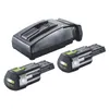 A black battery charger and two black batteries with green accents are arranged on a white background. Voir les images du produit