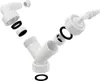 An exploded view of a white plastic plumbing fitting with rubber seals, shown against a white background. Produktbild-Vorschau