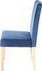 Side view of a blue velvet dining chair with light wooden legs, isolated on a white background. Produktbild-Vorschau